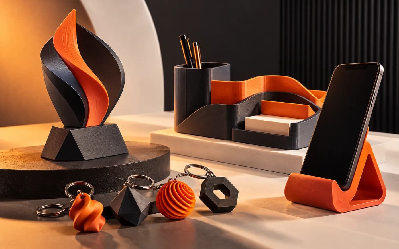 Composição ilustrativa de brindes corporativos impressos em 3D, como troféu, chaveiros e organizador.