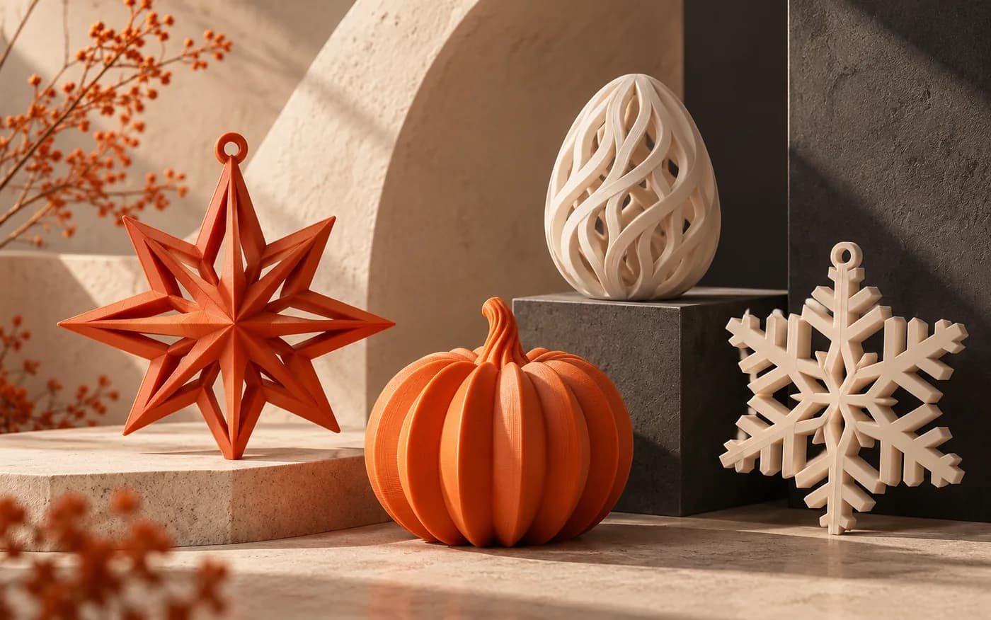 Composição ilustrativa de enfeites sazonais impressos em 3D, incluindo estrela, abóbora, ovo e floco de neve.