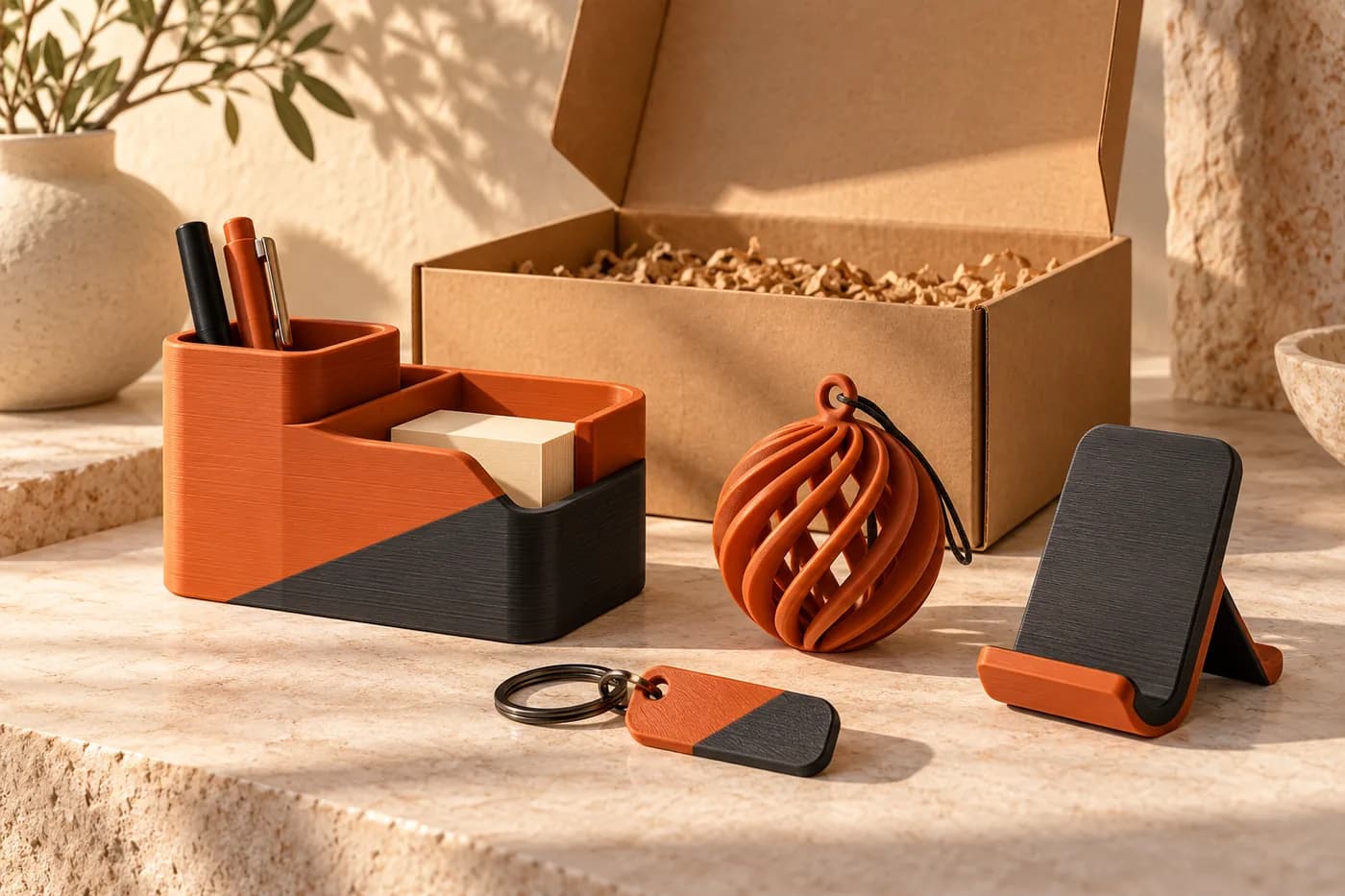 Kit corporativo ilustrativo com organizador, enfeite, chaveiro e suporte de celular impressos em 3D.