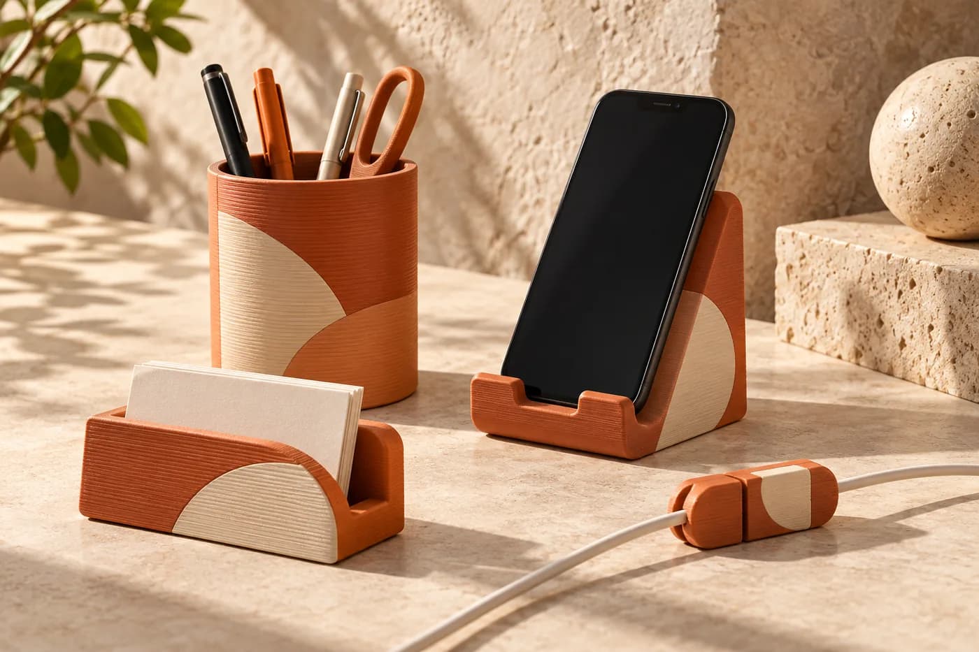 Conjunto ilustrativo de organizadores impressos em 3D: porta-canetas, porta-cartões, suporte de celular e prendedor de cabo.