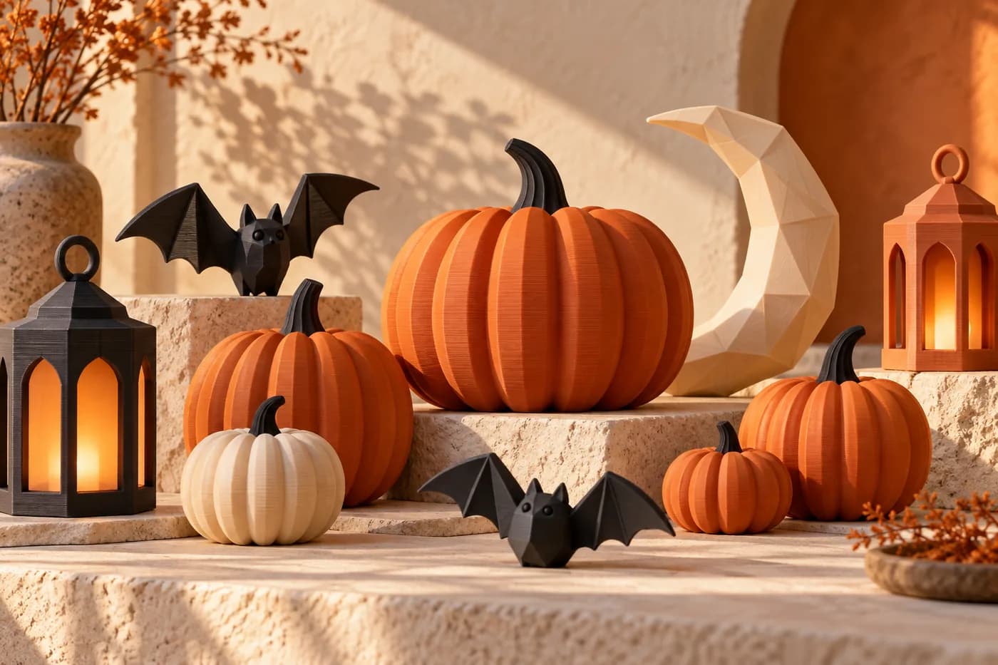 Abóboras, morcegos, lanternas e lua em uma cena ilustrativa de decoração de Halloween impressa em 3D.