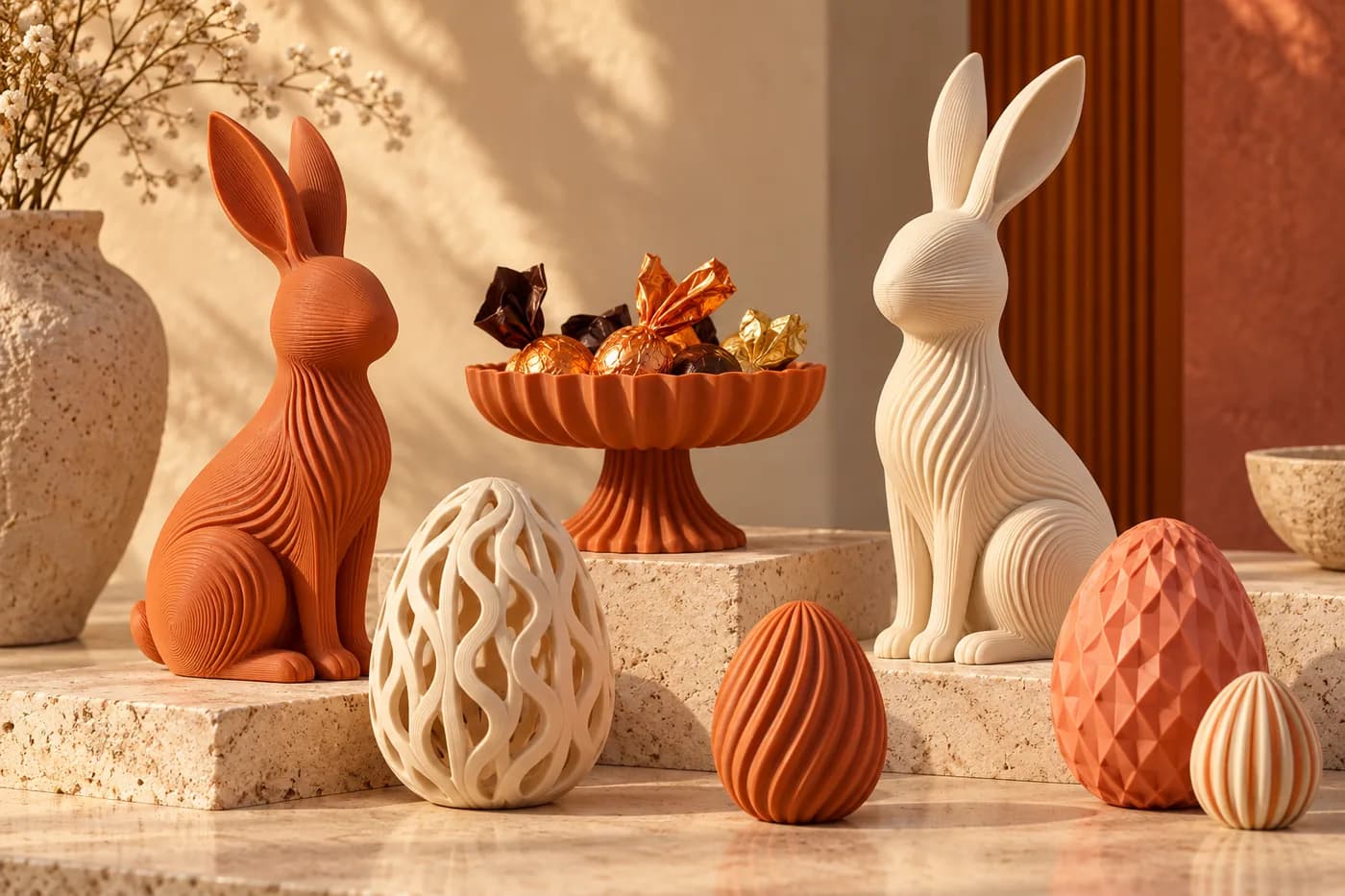 Coelhos, ovos decorativos e suporte para doces em uma cena ilustrativa de Páscoa impressa em 3D.