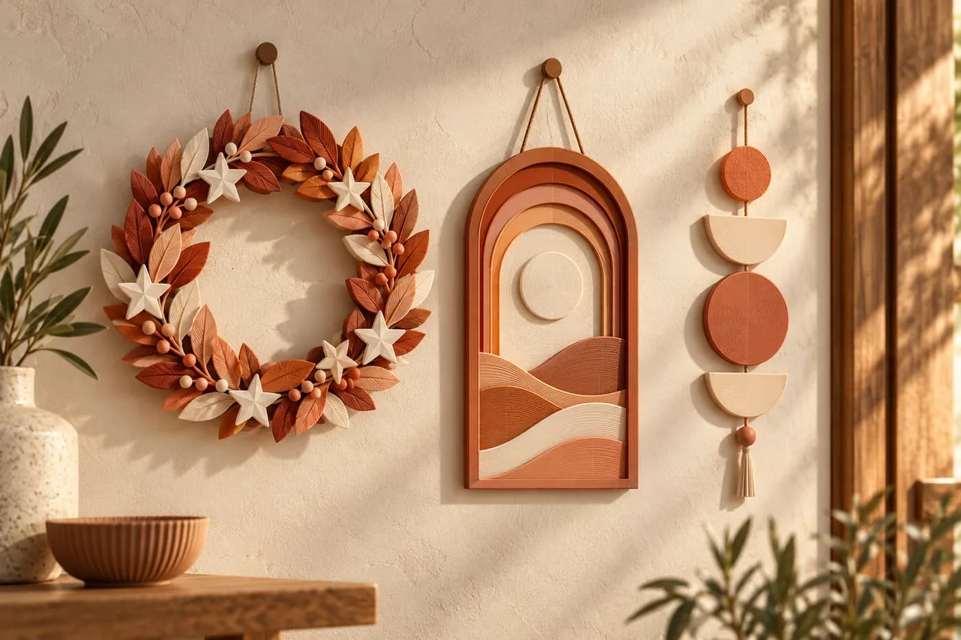 Guirlanda, quadro decorativo e móbile ilustrativos impressos em 3D para porta e parede.