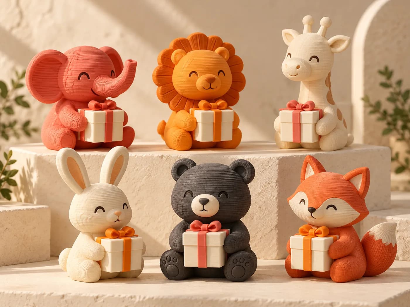 Lembrancinhas ilustrativas em formato de pequenos animais impressos em 3D.