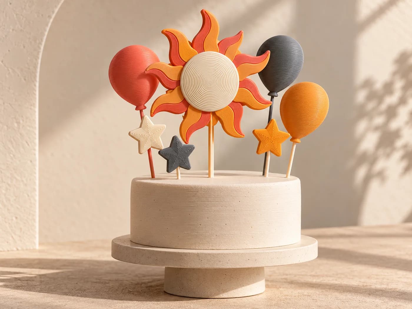 Topo de bolo ilustrativo com sol, estrelas e balões impressos em 3D.